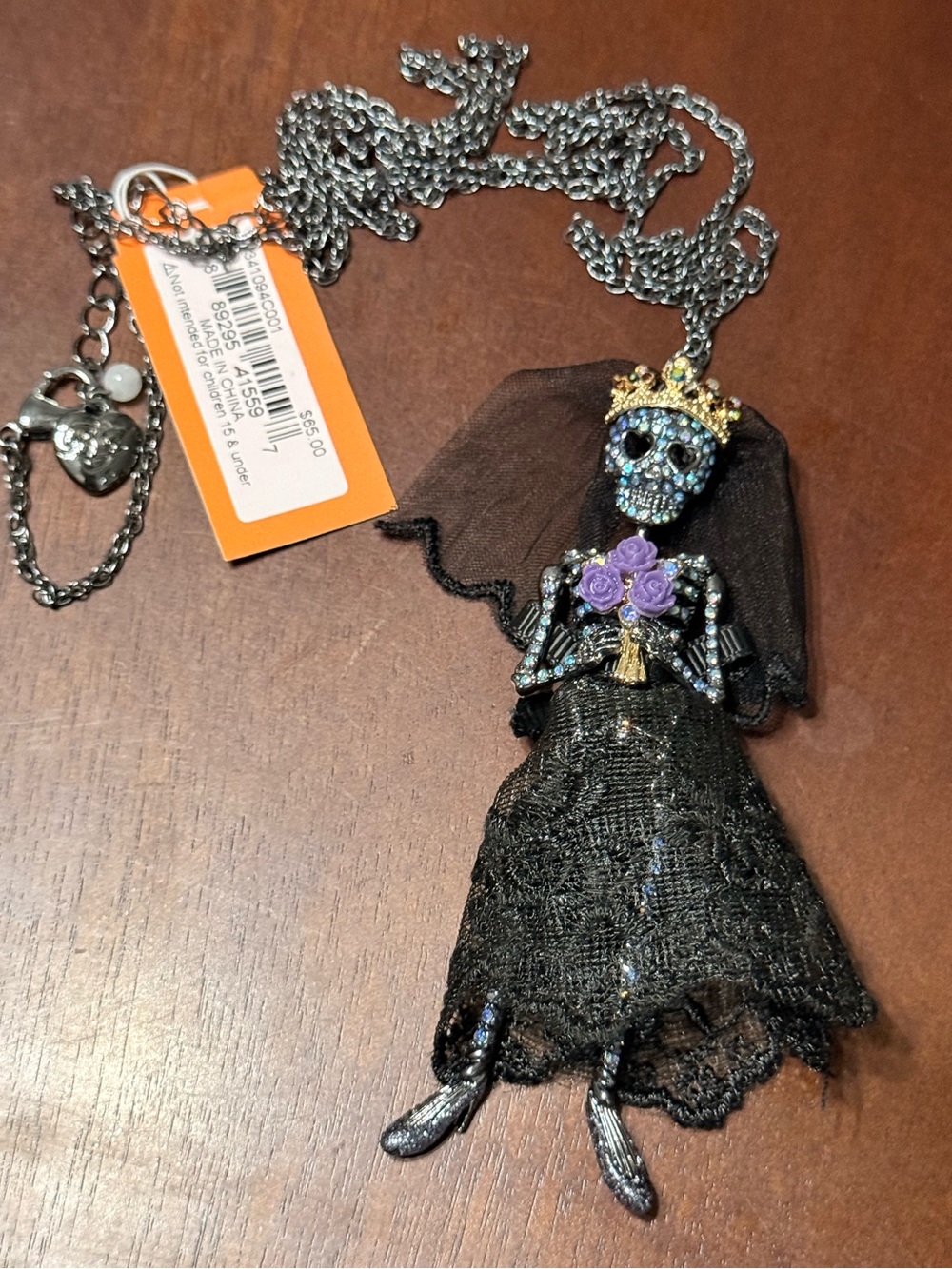 Betsey Johnson Black Skeleton Bride Necklace with Purple Roses and Gold Crown - Picture 2 of 13